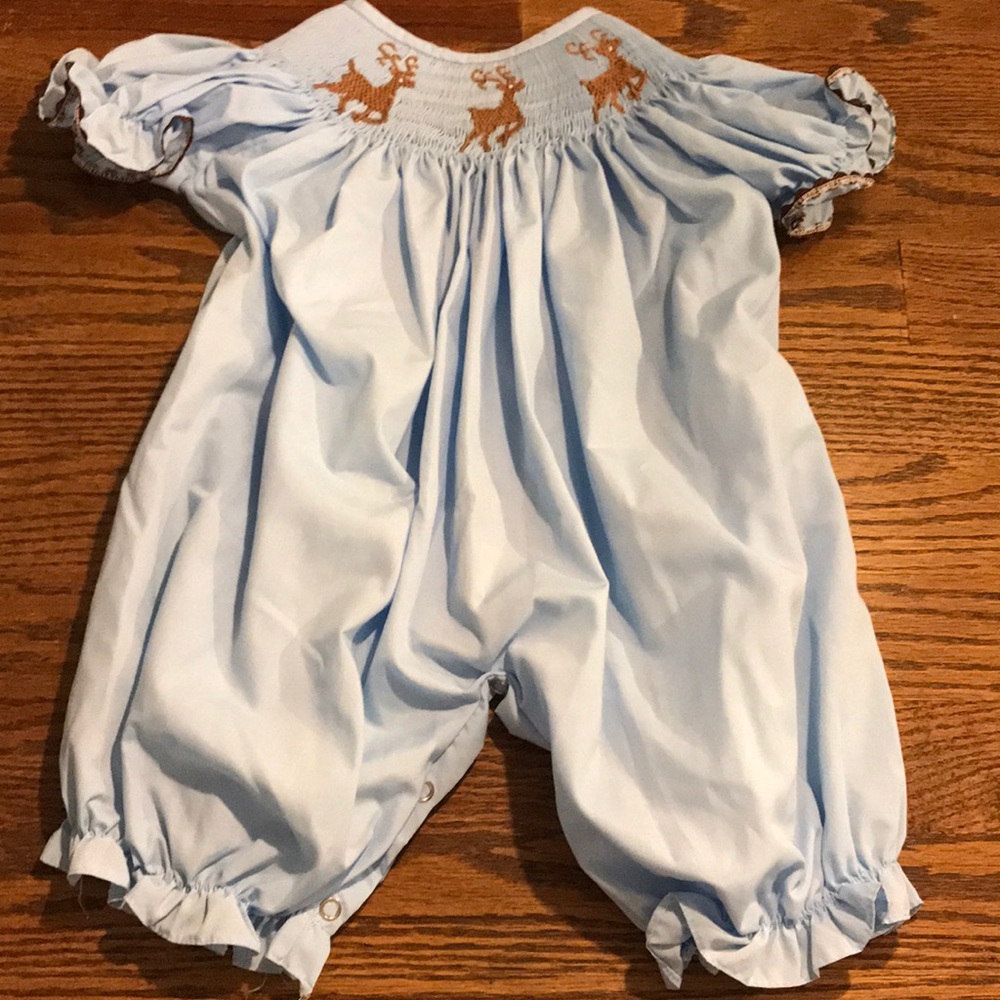 Blue pants romper with reindeer smocking